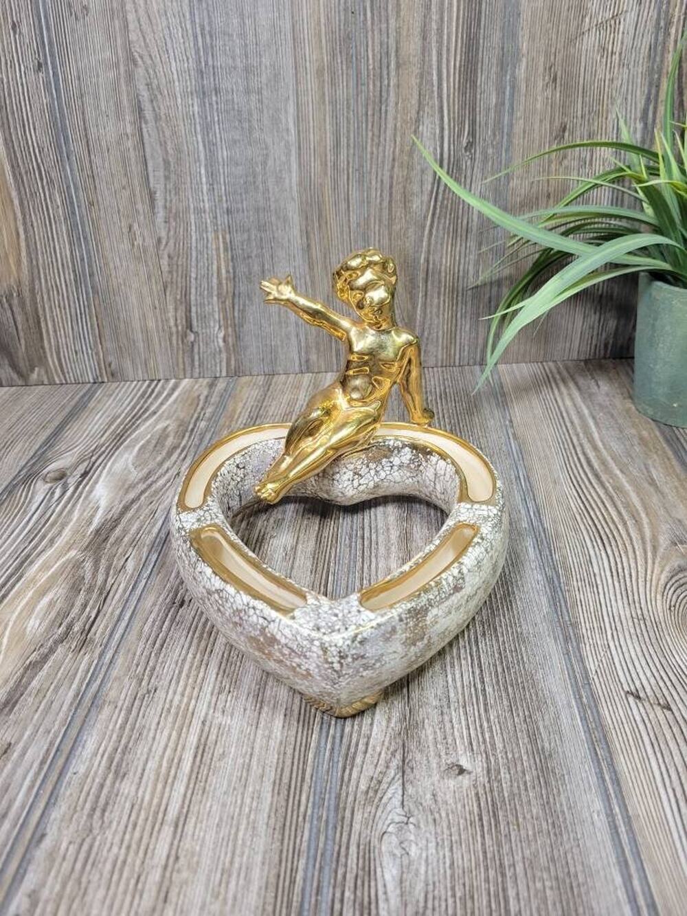 Vintage Posy Ring Vase Gold Cherub Heart Shaped Flower Frog Ceramic Planter